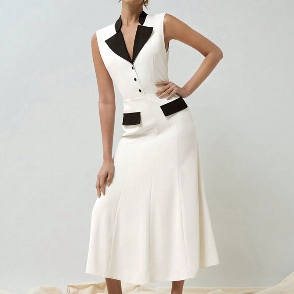 Black and White Elegant Women's Formal Dress With Contrast Color - Picture 5 of 7